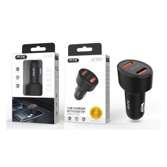 CARREGADOR DE CARRO INTELIGENTE COM 2 USB 17W MTK PRETO